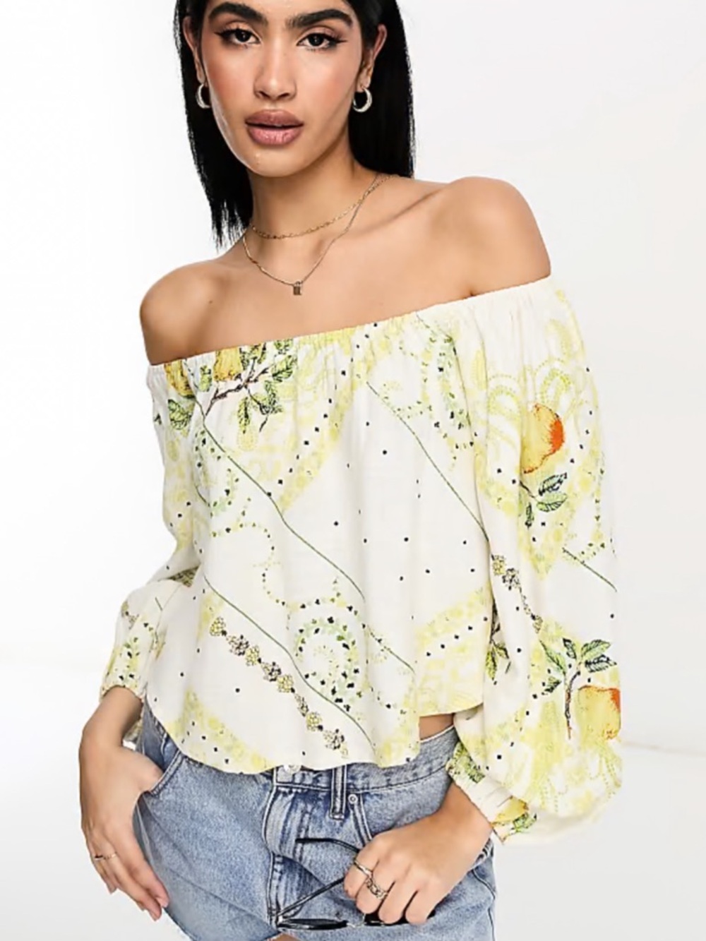 ASOS | Cotton Linen Blend Off Shoulder Peasant Top Cropped Fruit Print Boho